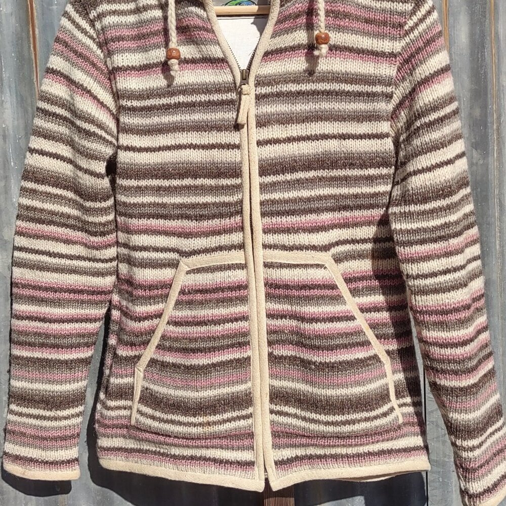 Laundromat Nepal 100% Wool Striped Hooded Sweater Jacket Full Zip Women Medium - Picture 3 of 12
